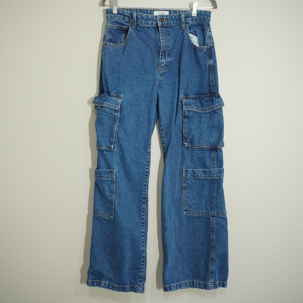 Cotton On Women's Size 6 Cargo Wide Leg Denim Jeans Blue High Rise Utility Y2K